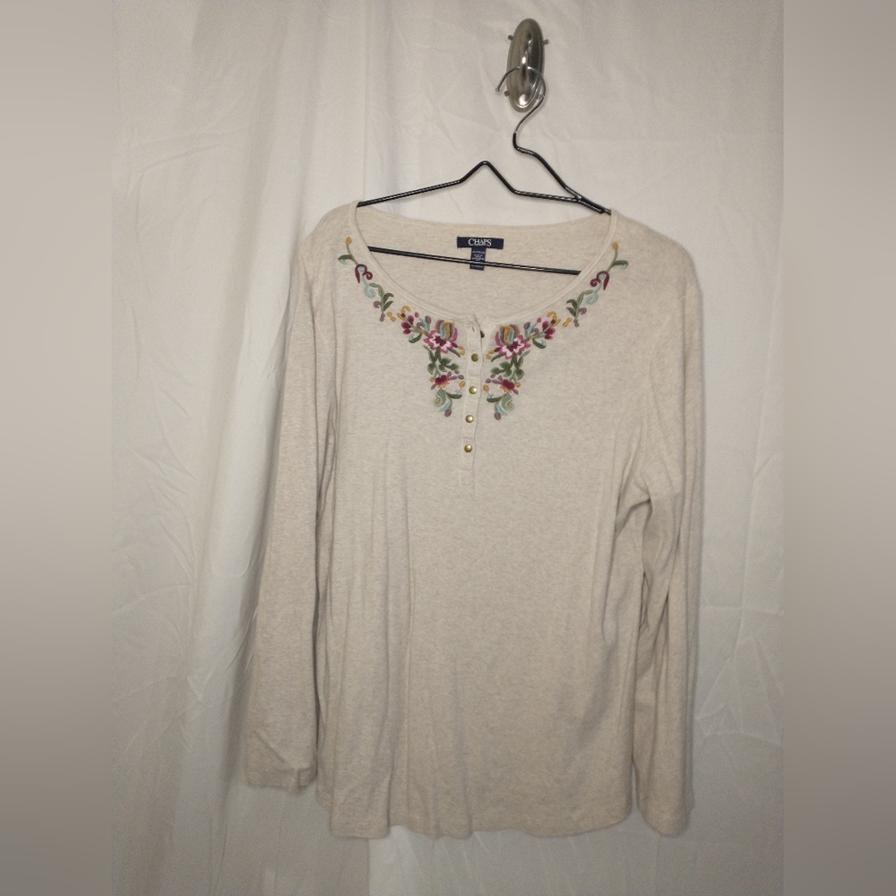 Women's Chaps Long Sleeve Top with Buttons and Embroidery Size 2X